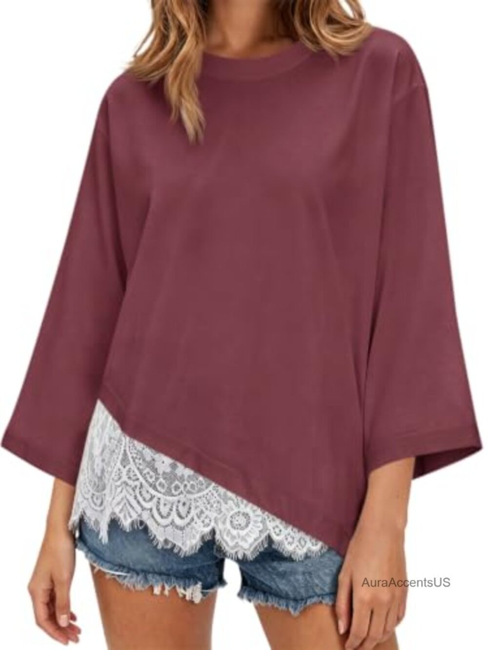 Oversized 3/4 Sleeve T-Shirt with Lace Trim - Casual Women's Top